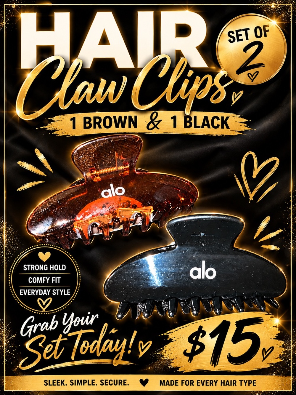 🦍🌸SET OF 2🌸🦍 ALO Yoga Hair Claw Clips Set — Brown & Black